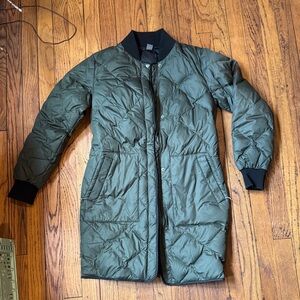 Eddie Bauer olive green down long bomber jacket quilted coat womens xs